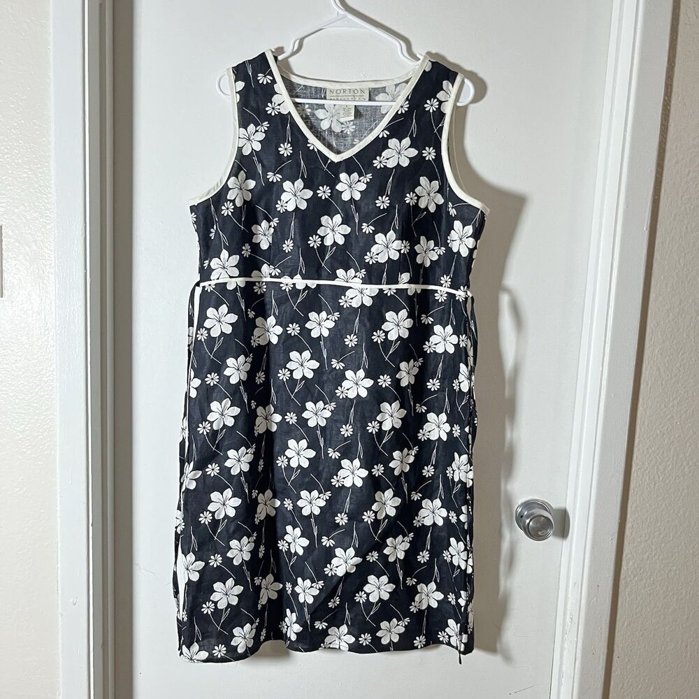 Norton Mcnaughton A-line Dress 100% Linen Sz L Black Floral Pullover Sleeveless